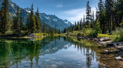 Tranquil Mountain Lake Reflection with Evergreen Trees Under Blue Sky