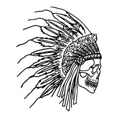 skull with native American war bonnet line art