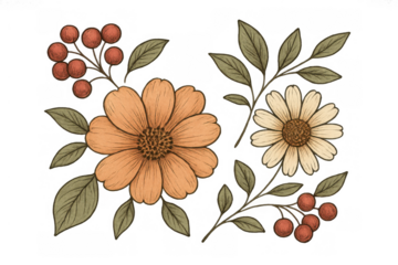 Vintage floral autumn drawing with flowers, leaves and red berries on transparent background