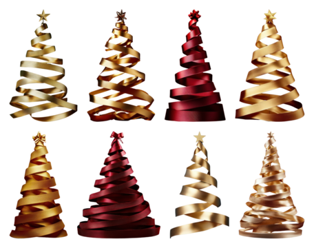 PNG Festive ribbon Christmas trees, element set on transparent background