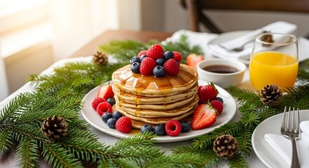 A festive breakfast table set with a stack of pancakes topped with fresh berries and syrup, surrounded by holiday decorations.