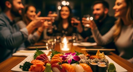 Friends celebrating and enjoying a delicious sushi platter at a restaurant