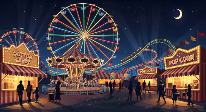 Vibrant Amusement Park Illuminated by Colorful Lights at Night.