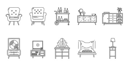 mid-century modern furniture stylish interior decor in a minimalist line art style perfect for design blogs and home renovation websites