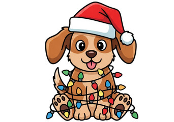 Cute cartoon puppy wearing a Santa hat tangled in Christmas lights.