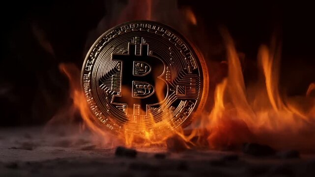 A fiery Bitcoin coin is engulfed in flames against a dark, smoky backdrop. The coins intricate design is highlighted by the bright orange and yellow hues of the flames.