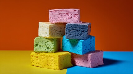Stacked Colorful Foam Sponges Arranged On Dual Tone Yellow And Blue Surface For Promotional Display