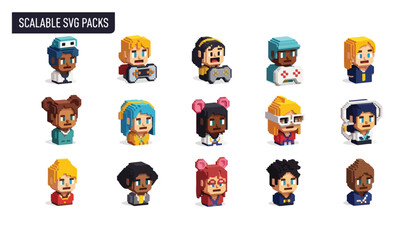 Collection of pixelated cartoon characters with various hairstyles and expressions, in a row.