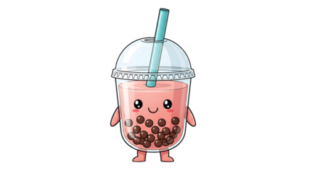 Cute cartoon bubble tea drink with straw and tapioca pearls.