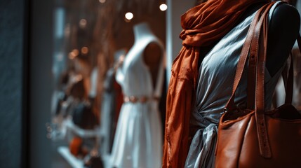 Obraz premium Elegant fashion boutique mannequins with clothes and accessories in luxury retail window display