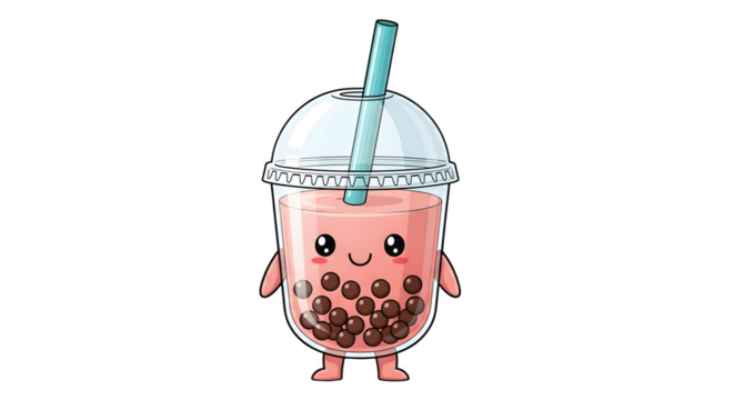 Cute cartoon bubble tea drink with straw and tapioca pearls.