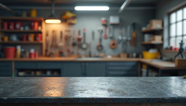 Empty metal workbench in workshop ready for product placement. Shelves with tools and supplies on blurred garage background. Natural light shines on desk.