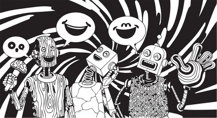 Cartoon robots interacting with speech bubbles, expressing various emotions, and celebrating.