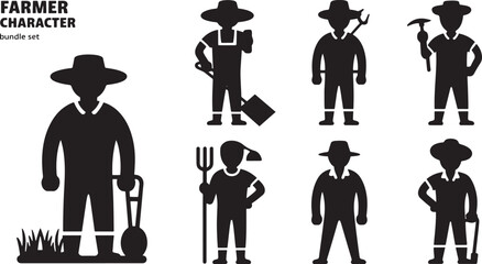 farmer characters Silhouette tools agricultural worker set