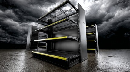 Futuristic metallic server structure in dark outdoor scene under stormy sky for conceptual design