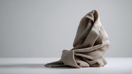 Single brown towel rolled on white minimalist background for clean spa or hotel branding presentation