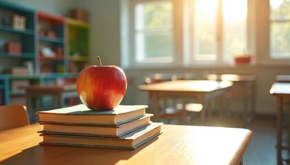 Red apple rests on stack of books on wooden desk in empty classroom. Sunlight streams through windows, illuminating tables, shelves, colorful learning materials, signifying knowledge, academic