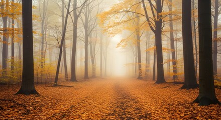 Fototapeta premium Misty Autumn Forest Path at Dawn