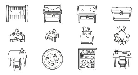 nursery furniture icons a collection of essential baby room furnishings perfect for decorating childrens spaces and illustrating childcare concepts