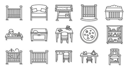 nursery furniture icons featuring cribs changing tables and toy storage depicting childhood and a babys room ideal for parenting blogs and kids catalogs