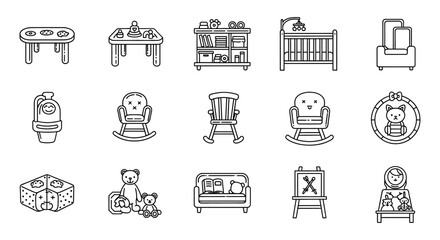 nursery icons baby room furniture and toys for children symbolizing care and childhood for decoration projects and parenting resources