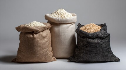 Rustic sacks filled with grains and oats for organic farming branding, eco packaging visuals and sustainable nutrition product campaigns