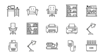 office furniture desk chair bookcase and printer illustrations for interior design projects highlighting essential home office setup clean lines