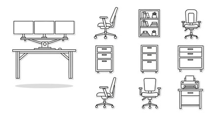 office furniture ergonomic office setup with desk monitors chair filing cabinet and bookcase for modern workplace design office essentials
