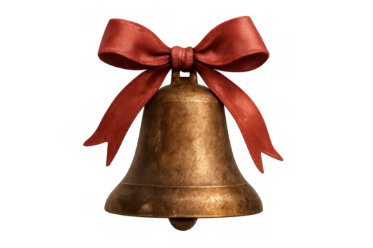 Golden jingle bell finding a red festive ribbon on transparent background celebrating christmas holidays and traditions