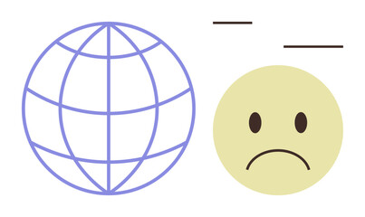 Sad face emoticon paired with globe outline conveys themes of global challenges, emotional distress, environmental concerns. Ideal for mental health, climate change, globalization, sustainability
