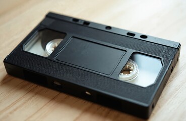 Obraz premium Black VHS tape lies on a wooden table. This analog video cassette represents retro style and 1980s 90s media format. Old technology for recording.