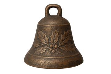 Bronze bell with holly leaves and berries embossing, vintage christmas holiday decoration, transparent background