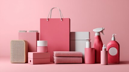 Collection of pink cleaning and self-care products with shopping bag on pastel background for branding display