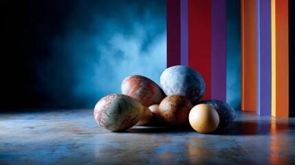 Colorful spherical decor objects on dramatic blue lighting stage with striped wall for abstract interior design scene