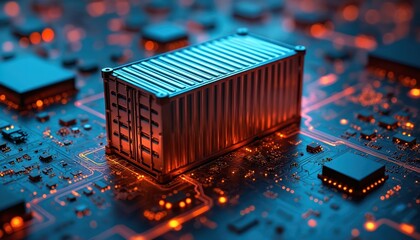 Metallic cargo container sits on glowing circuit board. Digital data transport, global logistics, cyber network, modern industry concept. Future tech innovation, data storage and transfer.