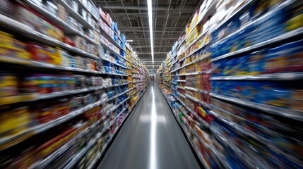 Wide angle shot of supermarket aisle in motion blur for retail speed shopping concept and consumer goods environment depiction