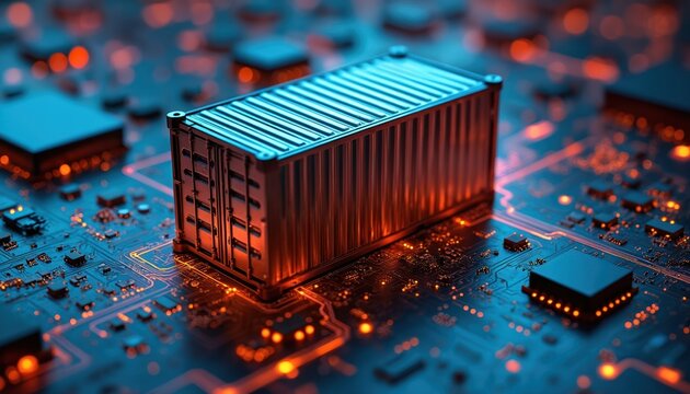 Metallic cargo container sits on glowing circuit board. Digital data transport, global logistics, cyber network, modern industry concept. Future tech innovation, data storage and transfer.