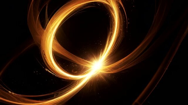 An abstract video of golden-orange light energy swirling and coiling in the darkness. The main focal point is a very bright and sparkling center of light, resembling a starburst or energy core.
