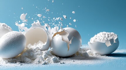 Cracked eggs with flour splash on blue background for baking recipe content, culinary branding and food photography creative visuals