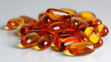 Shiny orange vitamin capsules on white background for health supplement advertising, pharmaceutical branding and nutrition product visuals
