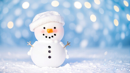 Cute Toy Snowman on Snow with Light Blue Background and Shining Bokeh, Festive Winter Scene