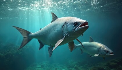 Fototapeta premium Salmon swim in clean blue water under sun rays. Fish school in a modern aquaculture farm facility, representing sustainable food production and healthy aquatic life.
