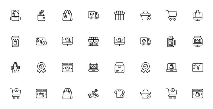 Shopping icon set. Minimal vector icons pack. Includs symbols for online shop,shopping bag, delivery truk, add to cart, trolley, pyment, discount and more. ditable stroke.