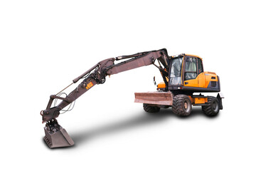 A wheeled excavator with a long boom and bucket, isolated on a transparent background,PNG. The machine is designed for earthmoving and construction work.
