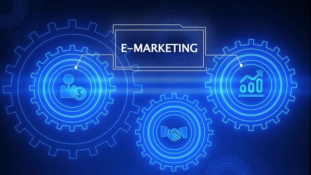 E- Marketing Concept with Interlocking Gears and Business Icons in Blue Neon Light e-marketing digital marketing