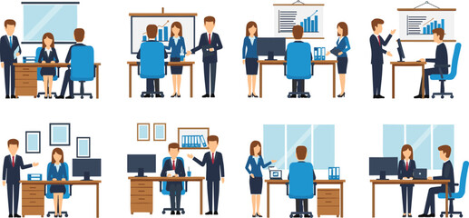 Office scenes illustration, business professionals, teamwork, meetings, presentations, corporate environment, workplace interaction, vector graphic, modern workspace, productivity concept