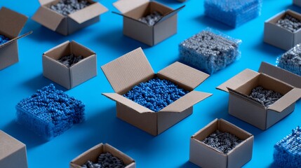 Cardboard boxes filled with blue materials arranged in grid on vivid background for shipping, logistics or e-commerce product visuals