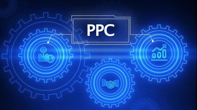 PC concept with glowing blue gears and business icons on dark background pay per click advertising