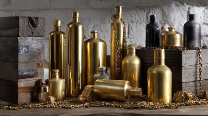 Golden bottles and containers on rustic wood background for luxury product branding, vintage cosmetics or elegant packaging photography