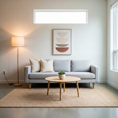 Modern Scandinavian living room interior with neutral color palette, cozy sofa, minimalist coffee table, and natural light from window. Stylish home decor in warm and bright atmosphere.